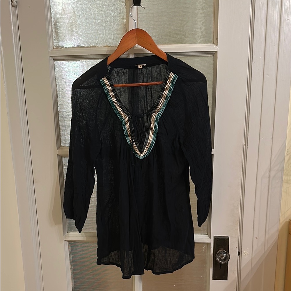 Ella Moss Black Blouse with Beaded Neckline